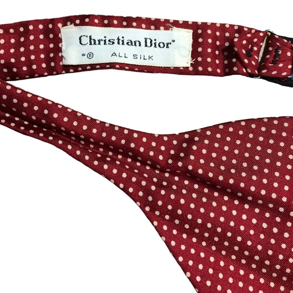 CHRISTIAN DIOR Silk Polka Dot Bow Tie Red with Tan Dots - Picture 7 of 8